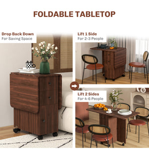Table de salle à manger à abattants sur roulettes avec tiroirs, marron
