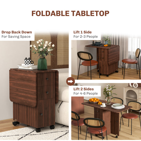Table de salle à manger à abattants sur roulettes avec tiroirs, marron