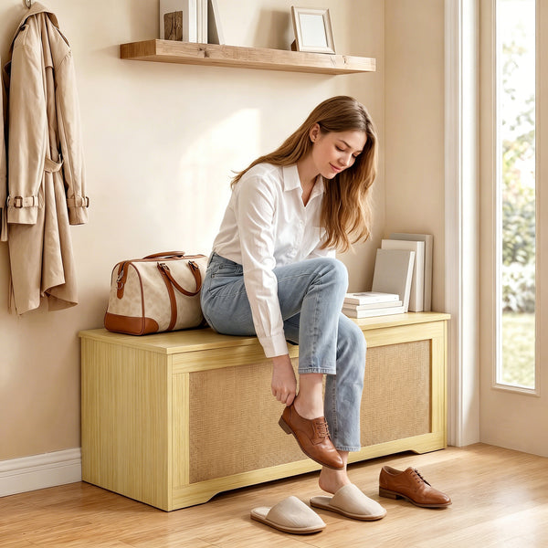 Coffre de rangement de 35,9 gal avec façade en rotin et couvercle à fermeture lente – Chêne