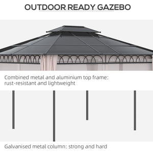 Gazebo 10' x 12' avec toit rigide double PC, structure en acier, filets et rideaux, kaki