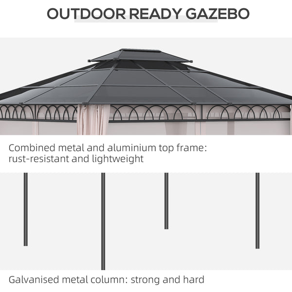 Gazebo 10' x 12' avec toit rigide double PC, structure en acier, filets et rideaux, kaki