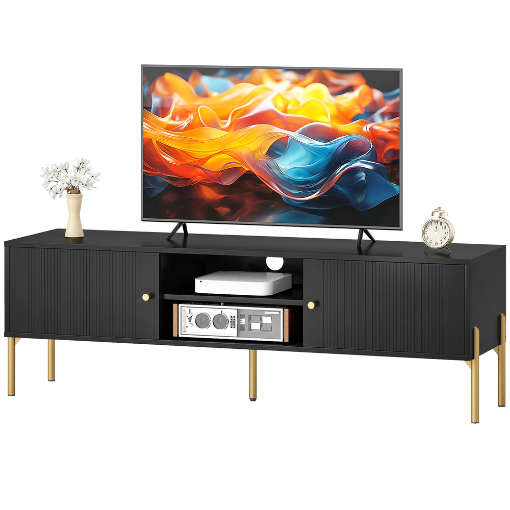 Meuble TV pour téléviseurs jusqu'à 65 pouces, centre multimédia avec 2 étagères ouvertes, 2 placards et pieds en acier pour salon, noir