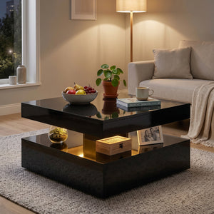 Table basse LED avec rangement à 2 niveaux avec étagère ouverte et télécommande pour salon, noir brillant