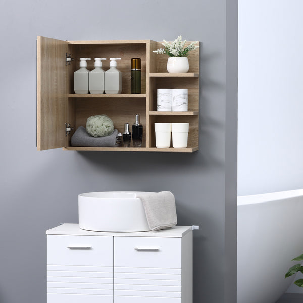 Wall-mounted bathroom cabinet with mirror and 3 open shelves, natural color