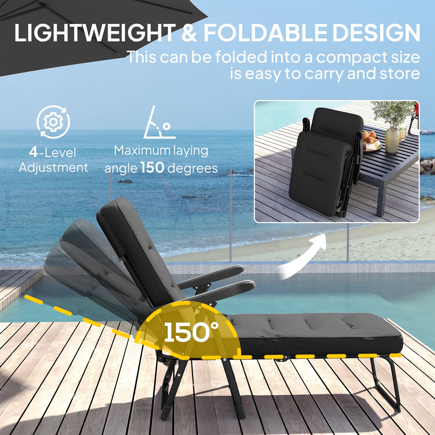 Chaise longue pliante avec coussin, dossier réglable avec repose-pieds, noir