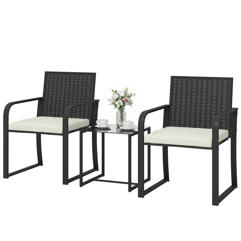 Ensemble bistro d'extérieur 3 pièces en résine tressée avec assise en maille, table en verre et coussins, blanc crème