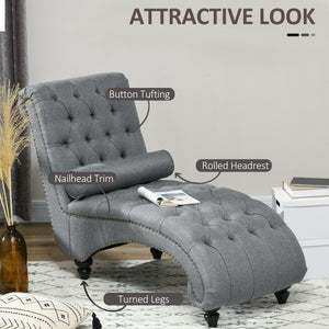 Chaise longue capitonnée à boutons rembourrée avec pieds en bois, gris