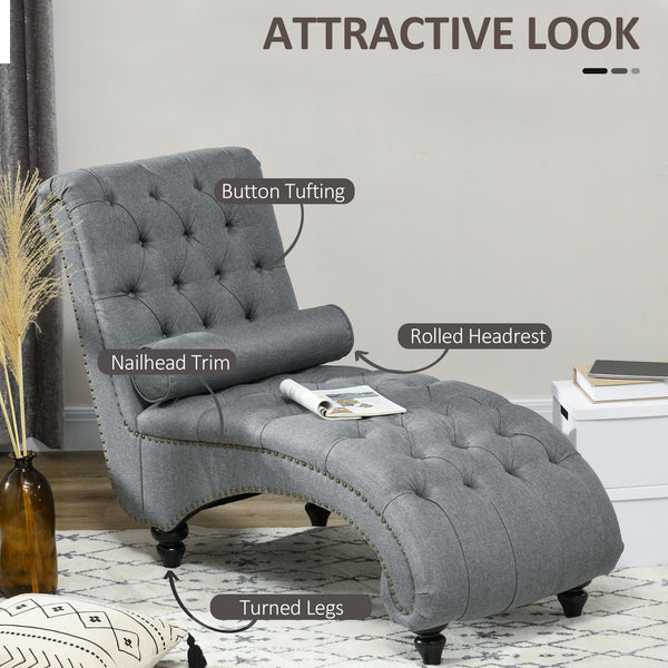 Chaise longue capitonnée à boutons rembourrée avec pieds en bois, gris