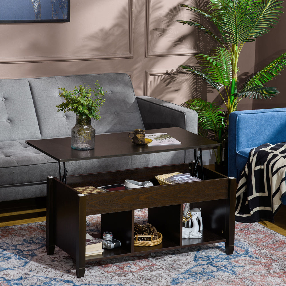 Table basse relevable avec compartiment de rangement dissimulé, 3 étagères inférieures, expresso