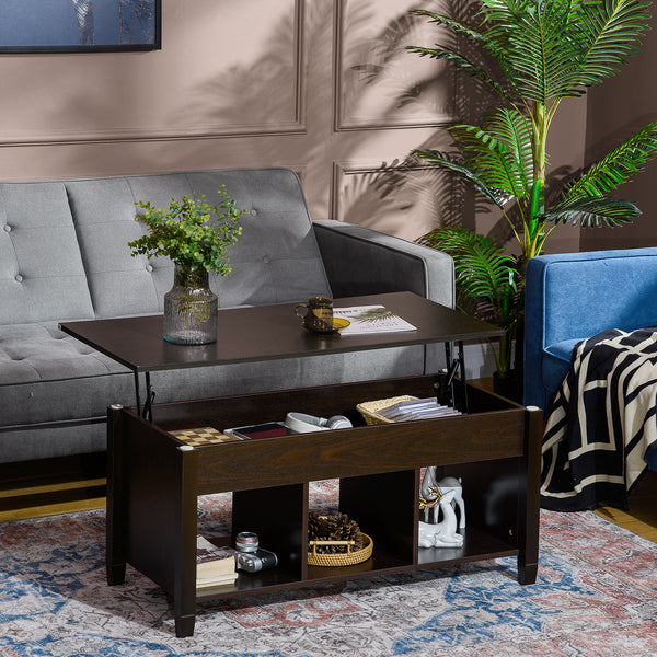 Table basse relevable avec compartiment de rangement dissimulé, 3 étagères inférieures, expresso