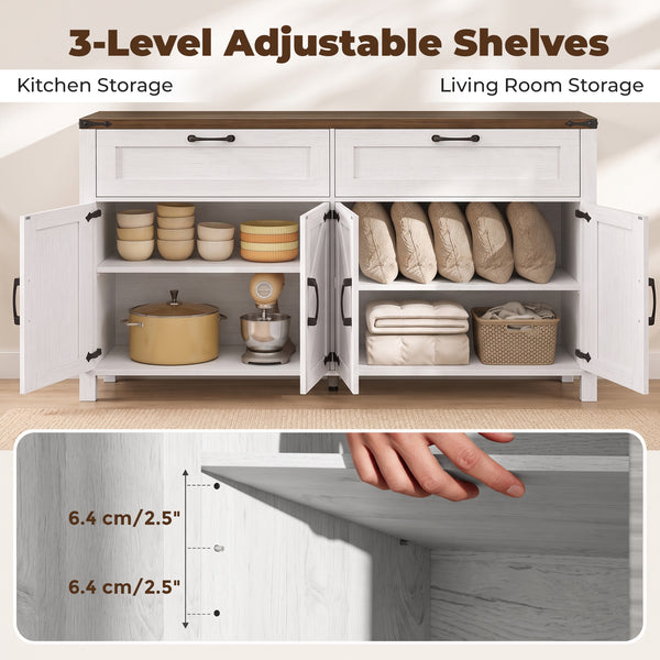 Buffet de rangement 55 po avec 2 tiroirs, 2 armoires et tablettes ajustables, blanc