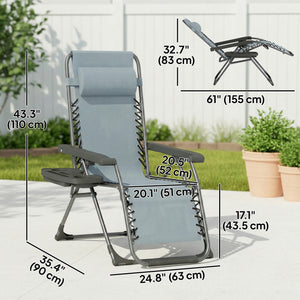 Ensemble de 2 chaises longues d'extérieur Zero Gravity, pliantes et inclinables, avec porte-gobelet et appui-tête, gris clair