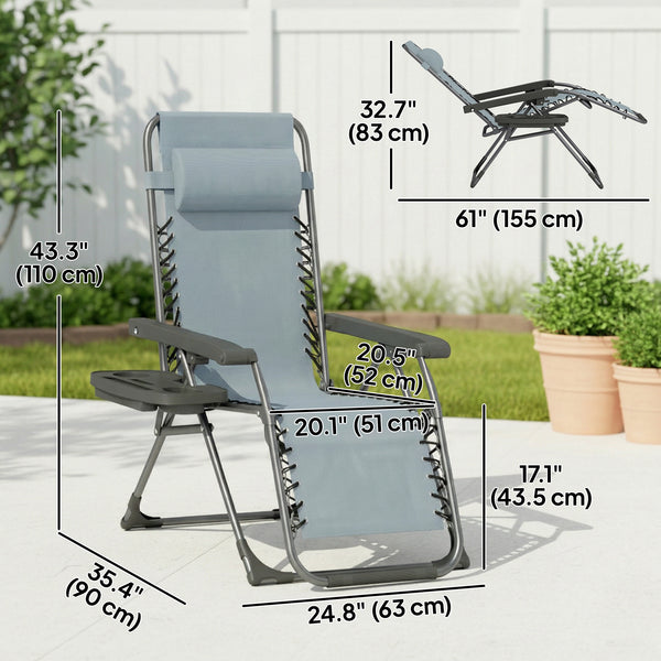 Ensemble de 2 chaises longues d'extérieur Zero Gravity, pliantes et inclinables, avec porte-gobelet et appui-tête, gris clair
