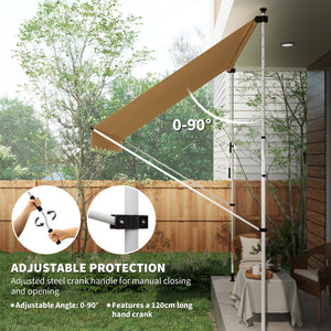 10x5ft Manual Retractable Awning, Patio Sun Shade Canopy Shelter with 5.6-9.2ft Support Pole, Water Resistant UV Protector, for Window, Door, Porch, Deck, Yellow