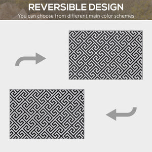 Tapis d'extérieur réversible pour patio, tapis en paille plastique 1,5 x 2,4 m pour jardin, terrasse, plage, camping, noir et blanc