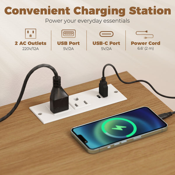 Buffet style champêtre avec station de recharge, 3 tiroirs et rangement ajustable, blanc