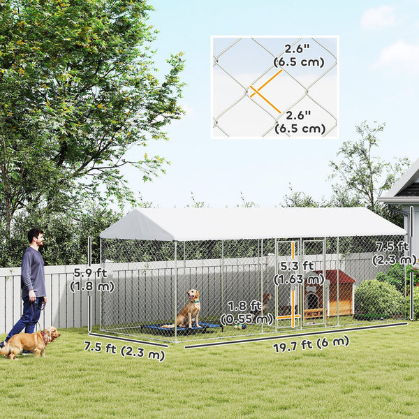 Outdoor Dog Kennel with Two Rooms, Waterproof UV-Resistant Cover, Escape-Proof Lock, 19.7' x 7.5' x 7.5'
