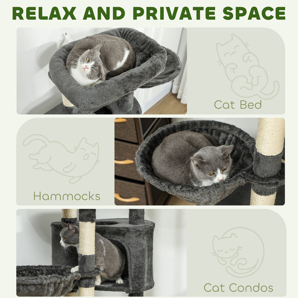 Cat tree with scratching posts, bed, platforms and hammocks, for indoor cats, dark gray