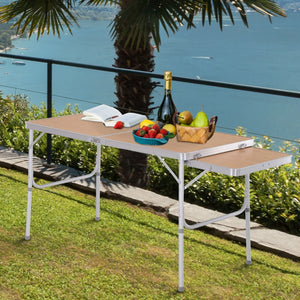 Table de pique-nique 4pieds avec tablette coulissante, portable en aluminium, hauteur réglable (2 niveaux).