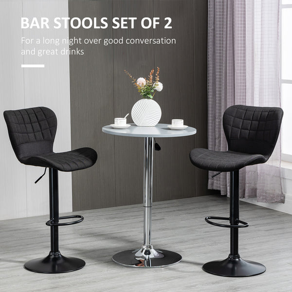 Set of 2 bar stools with wide seat, backrest and footrest, black