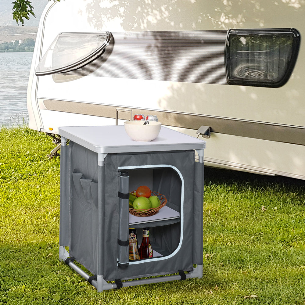 Station de cuisine de camping en aluminium avec placard à 2 étagères et sac de transport