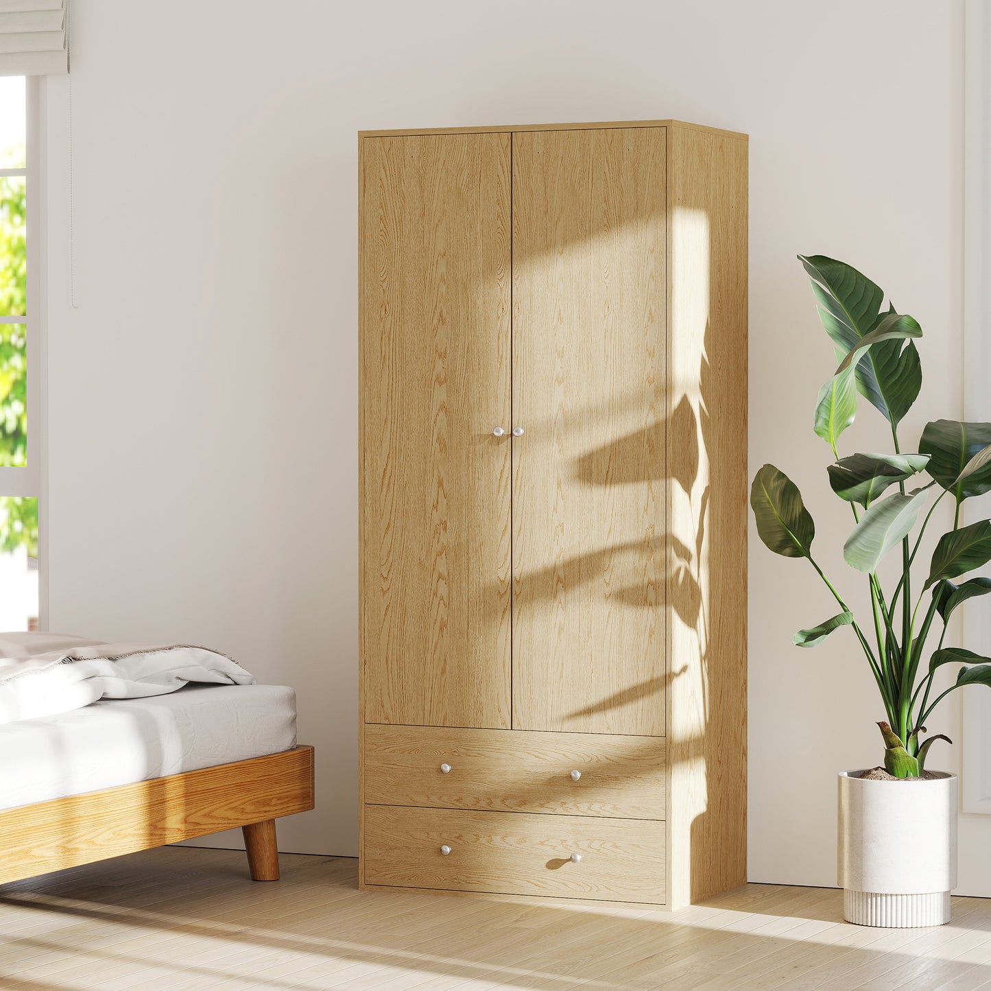 Armoire penderie moderne avec 2 tiroirs et tringle de suspension, bois naturel