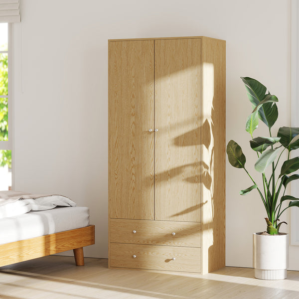 Armoire penderie moderne avec 2 tiroirs et tringle de suspension, bois naturel