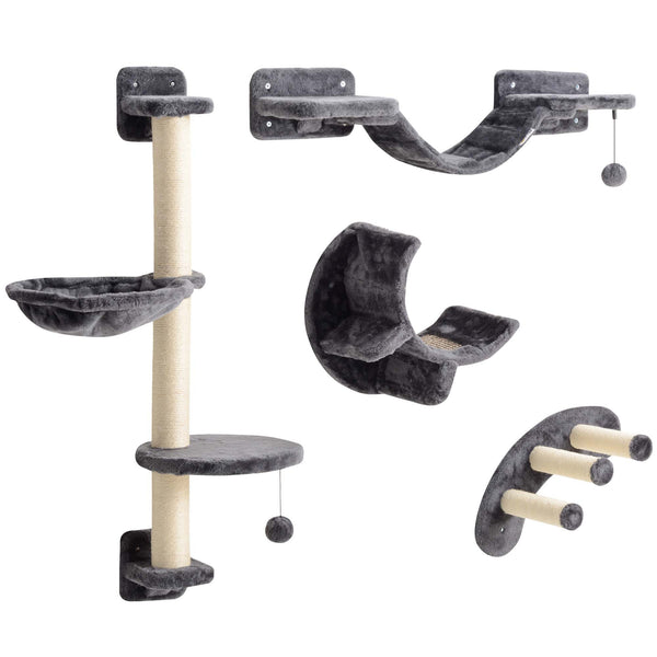 Mur d'escalade pour chat avec griffoir, balles et plateformes, gris foncé