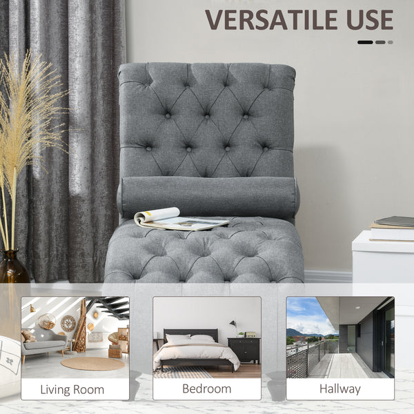Chaise longue capitonnée à boutons rembourrée avec pieds en bois, gris