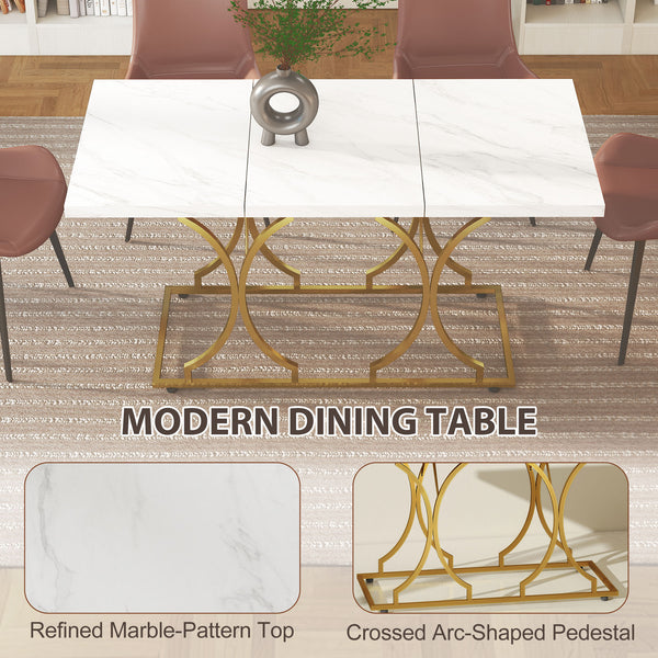 Table à manger pour 6 personnes, table de cuisine moderne à motif marbre avec piédestal en métal, blanche