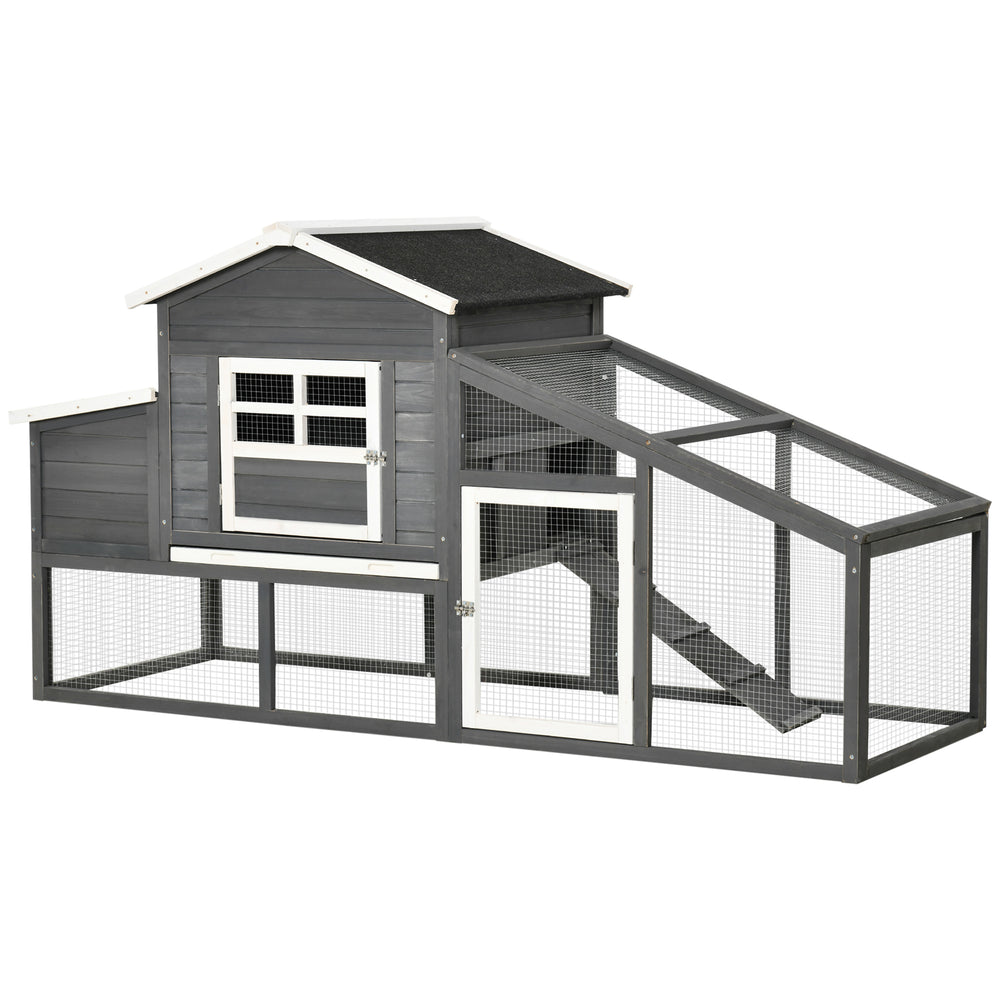 Poulailler en bois avec plateau amovible, pondoir, enclos et rampe, gris