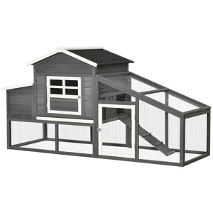 Wooden chicken coop with removable tray, nesting box, run, and ramp, grey