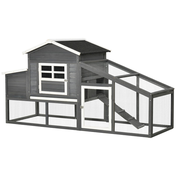 Wooden chicken coop with removable tray, nesting box, run, and ramp, grey