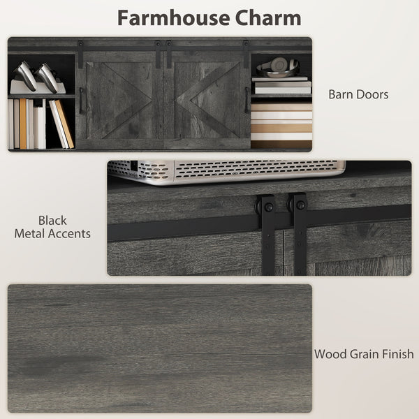 Meuble TV avec prises de courant, portes coulissantes et étagères réglables, gris foncé