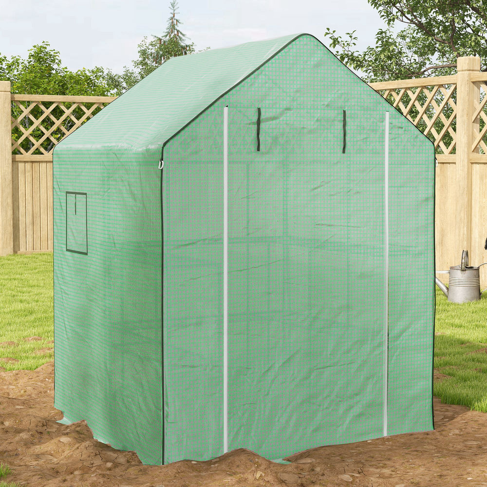 Small outdoor greenhouse with 2-tier U-shaped flower shelves