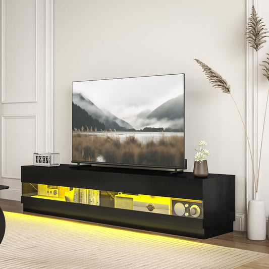 Meuble TV éclairé pour téléviseurs jusqu'à 75 pouces, noir brillant