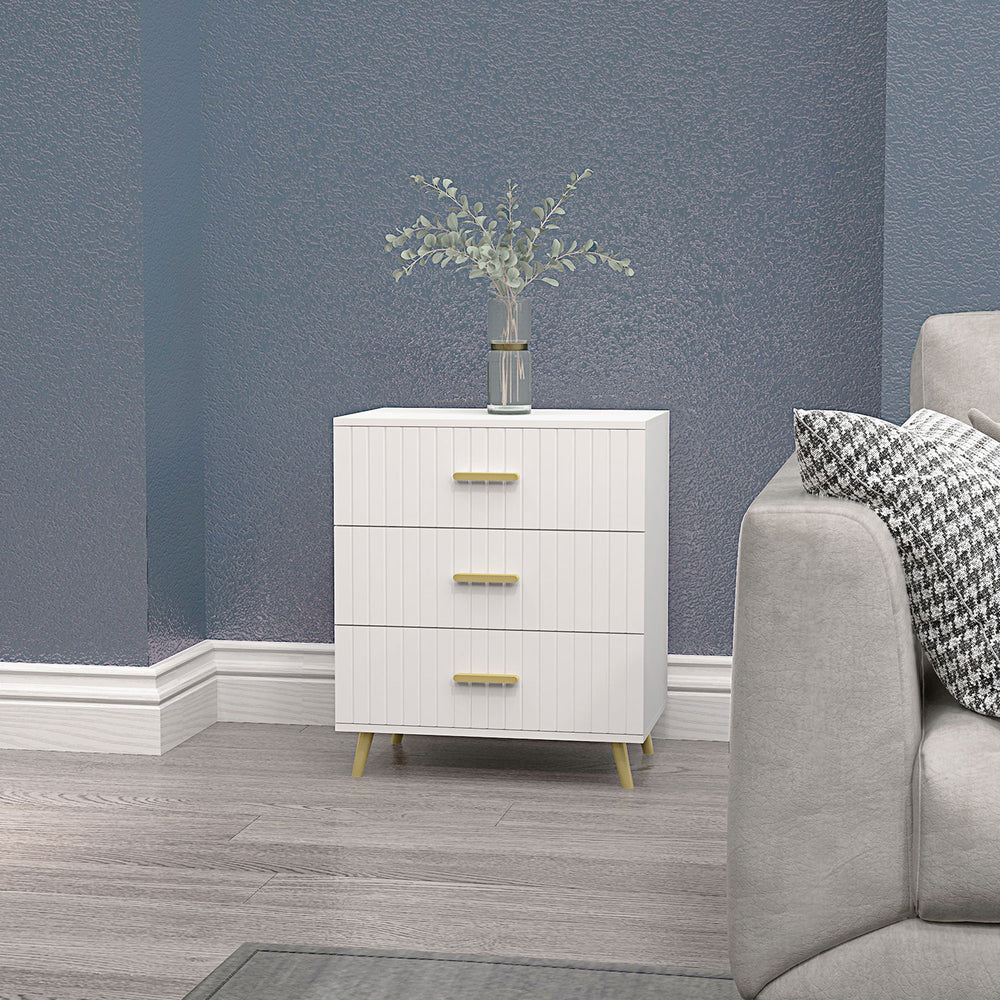 3-drawer chest with aluminium legs and gold handles, white.