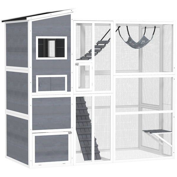 Cat enclosure with cat house, jumping platforms, ladder, ramps and hammock, grey