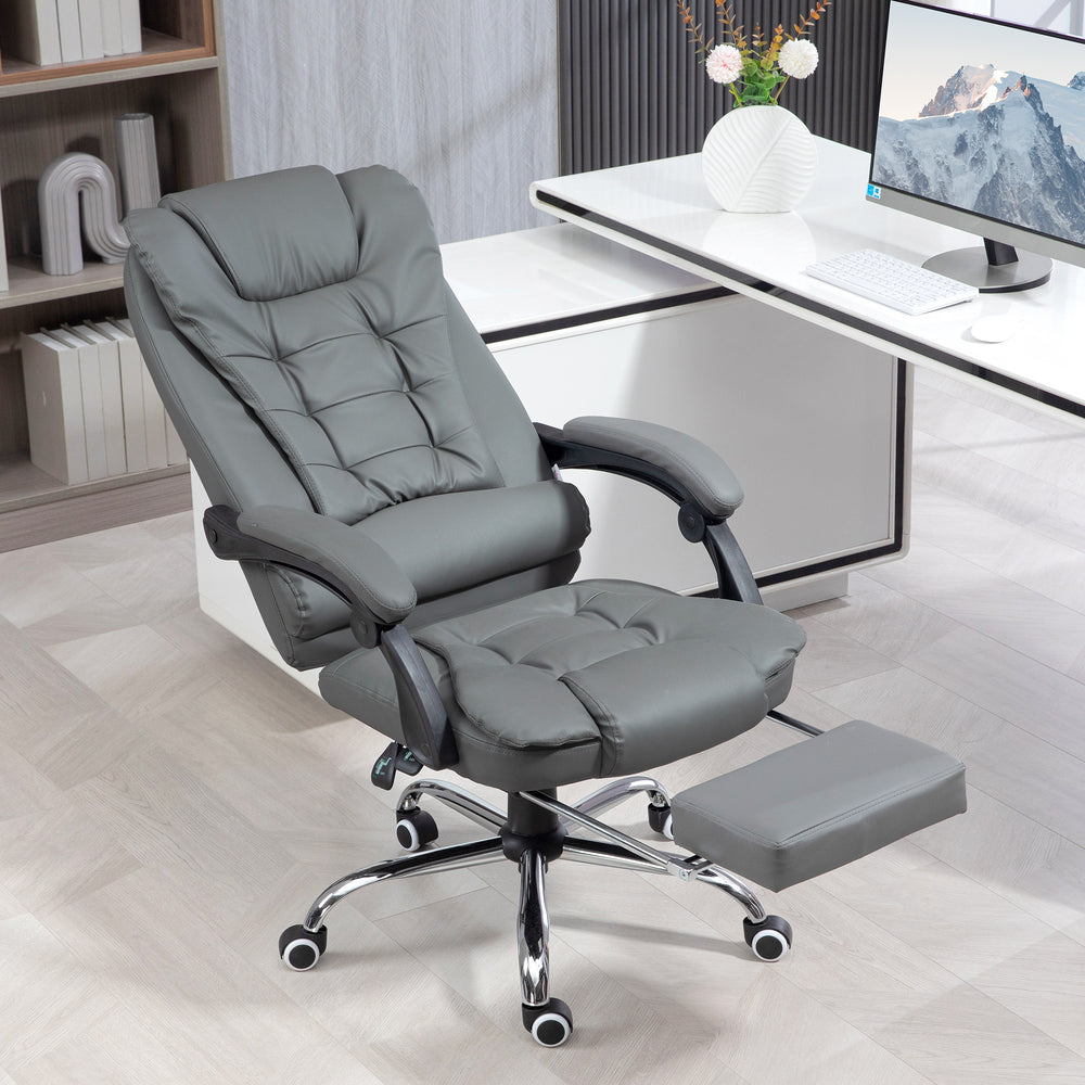Chaise de bureau à dossier haut en similicuir avec repose-pieds rétractable et accoudoirs rembourrés, gris