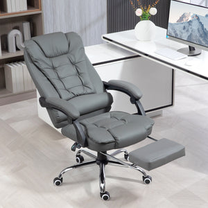 Chaise de bureau à dossier haut en similicuir avec repose-pieds rétractable et accoudoirs rembourrés, gris
