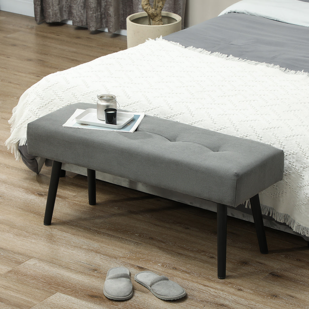 Banc ottoman rembourré en velours côtelé avec pieds en acier, gris