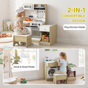 Qaba Kids Kitchen Playset, 2-in-1 Convertible Table and Chair Set with Sink, Oven, Microwave, Accessories for Ages 3-8