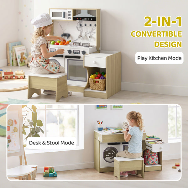Qaba Kids Kitchen Playset, 2-in-1 Convertible Table and Chair Set with Sink, Oven, Microwave, Accessories for Ages 3-8