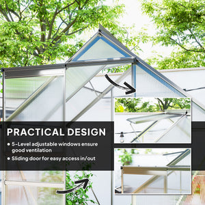 Polycarbonate greenhouse with adjustable roof ventilation, base, sliding door, transparent