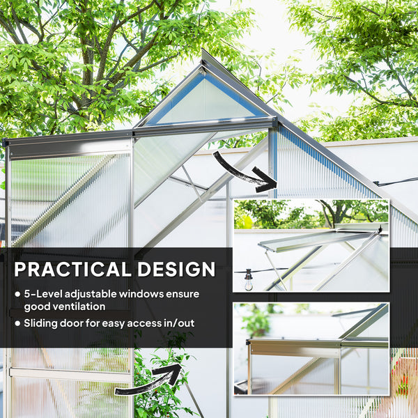 Polycarbonate greenhouse with adjustable roof ventilation, base, sliding door, transparent