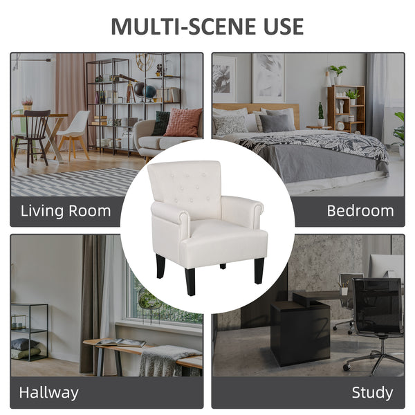 Fauteuil d'appoint en tissu avec pieds en bois et accoudoirs arrondis, blanc crème