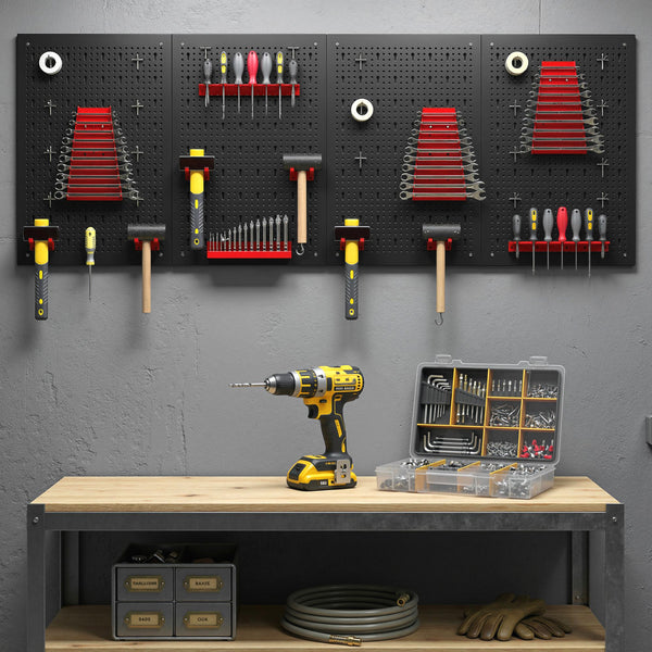Organisateur mural d’outils en acier avec 4 panneaux, 12 supports et 22 crochets – Noir et rouge