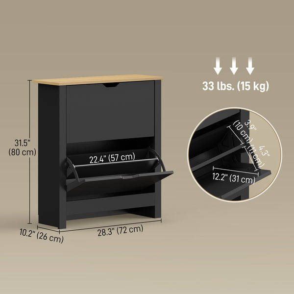 Shoe cabinet with 2 tilt-out drawers and adjustable shelves for 8 to 12 pairs of shoes, black