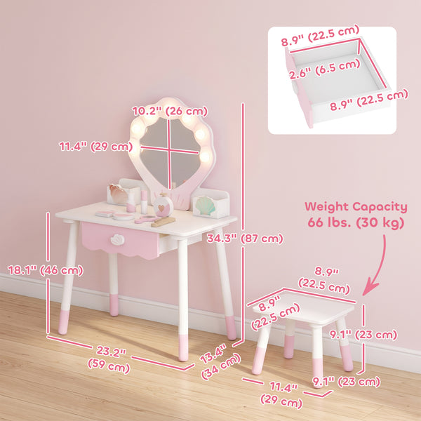 Coiffeuse pour enfant avec miroir lumineux, tabouret et 7 accessoires, rose