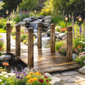 Decorative carbonized wooden bridge with chain railings for garden path, 1.5 m (5 ft)